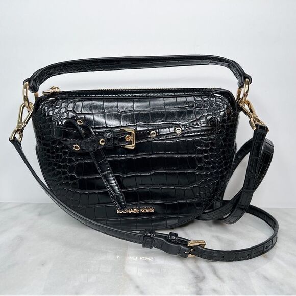 MICHAEL KORS EMILIA Half Moon Small Saddle Shoulder Crossbody Bag In BLACK - Picture 8 of 8